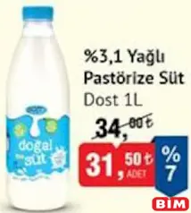 DOST %3,1 YAĞLI PASTÖRİZE SÜT 1L